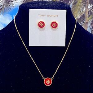 TORY BURCH KIRA ENAMELED PENDANT NECKLACE AND EARRINGS SET IN RED / GO…
